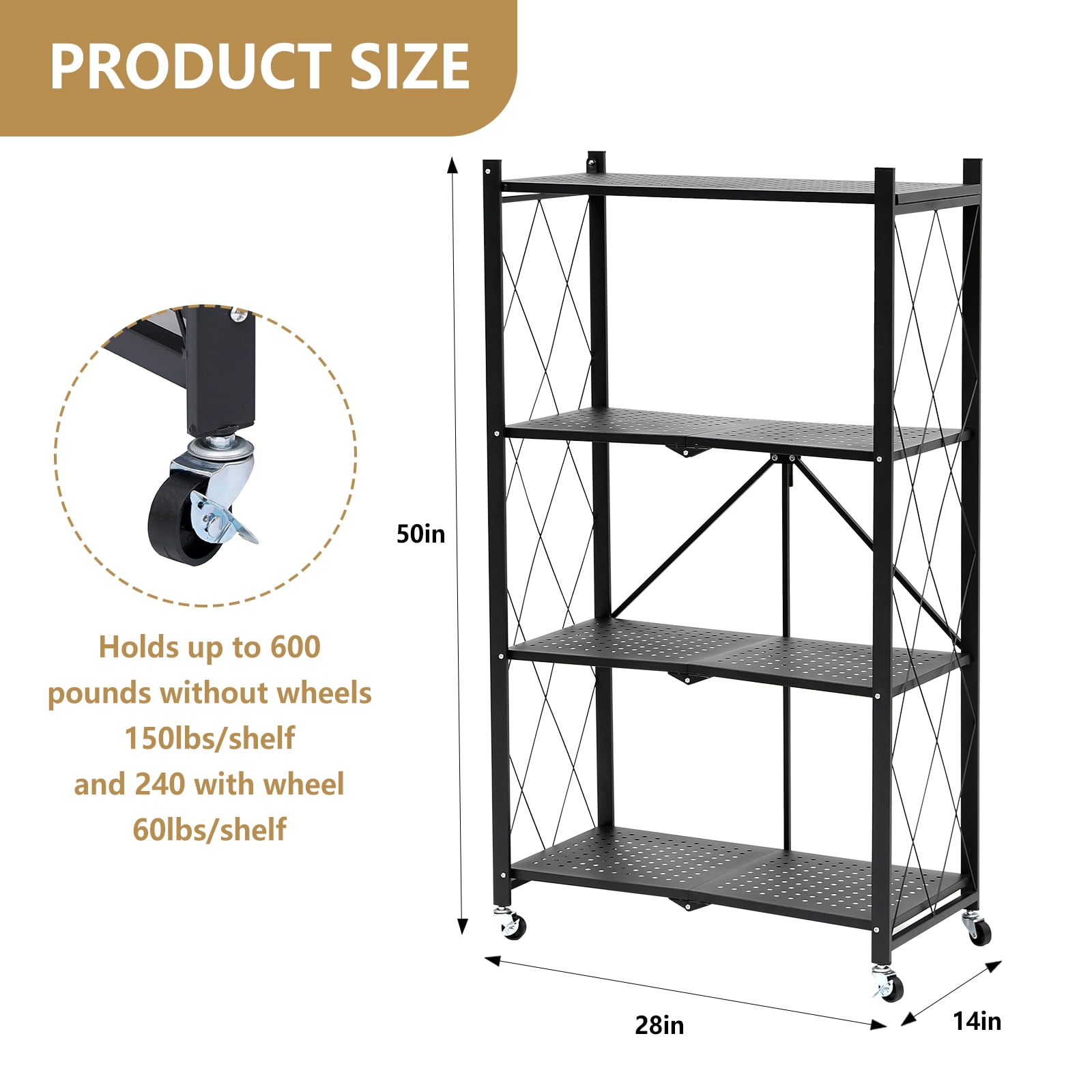 SUGIFT 4-Tier Foldable Metal Storage Shelf with Wheels, No Assembly, Heavy-Duty Organizer (600 lbs), Black