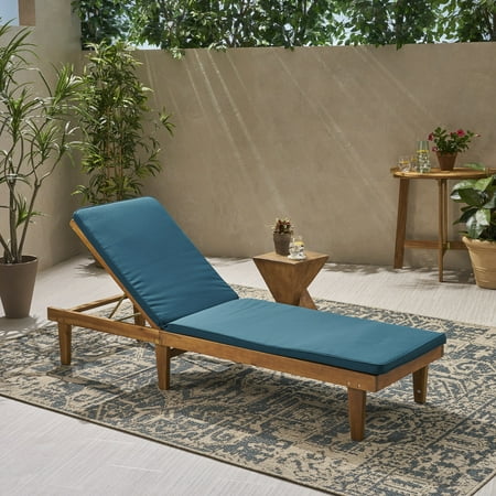 Noble House Maddison Outdoor Acacia Wood Chaise Lounge and Cushion Set Teak and Blue