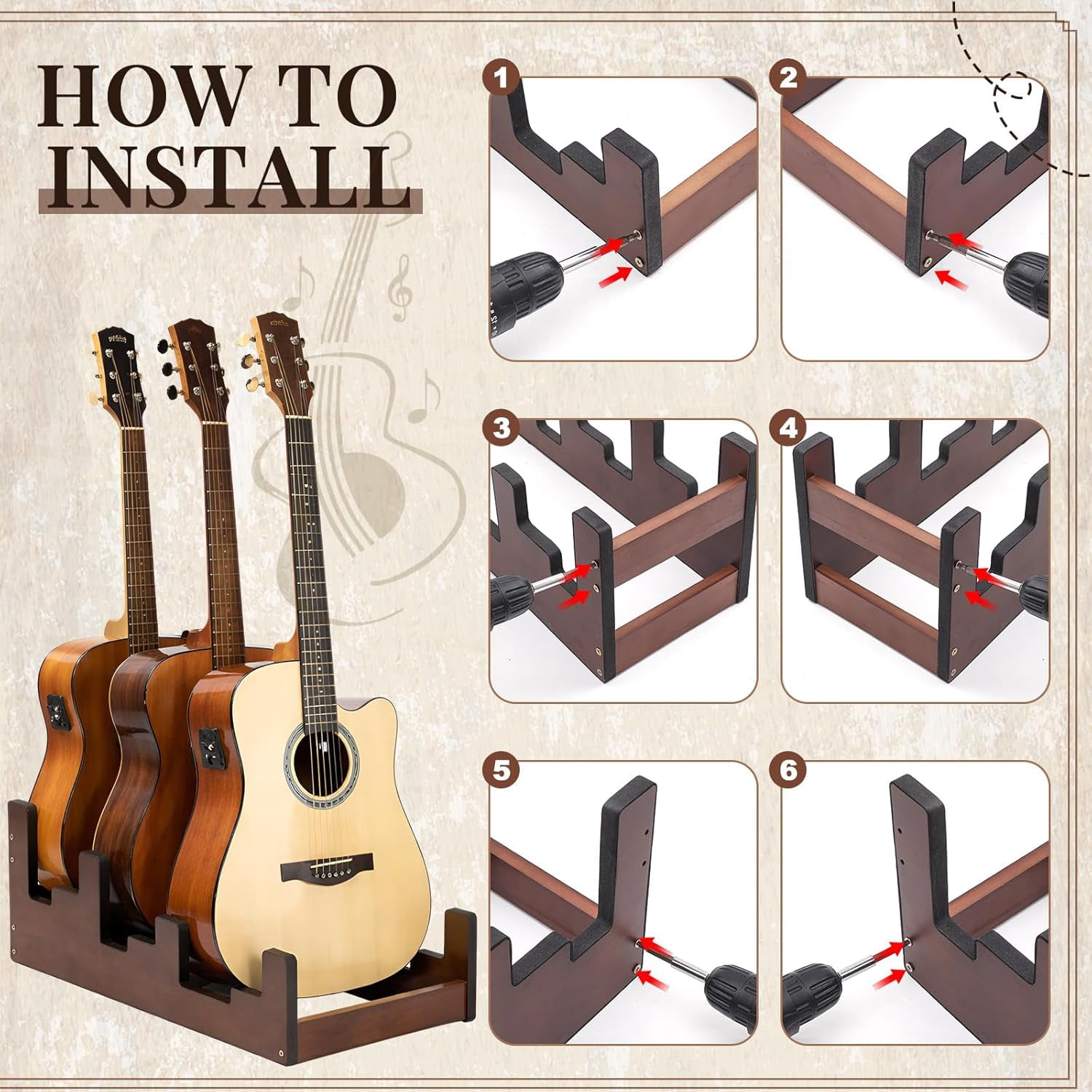 Wooden Guitar Stand 3-holder for Multiple Guitars Wood Guitar Display Rack Space-saving for Home, Studio, Stage