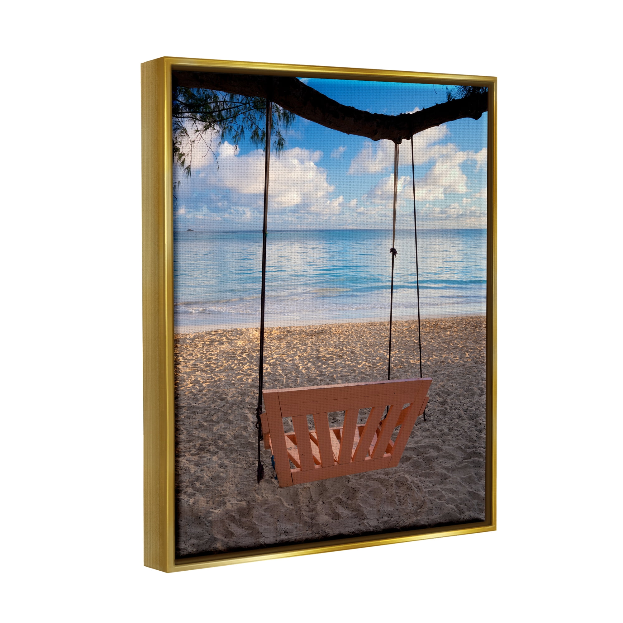 Stupell Industries Beach Swing Relaxing Shore View Coastal Photography Gold Floater Framed Art Print Wall Art