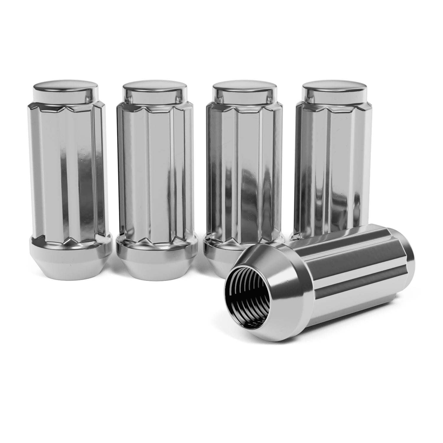 24pcs Silver Spline 14x1.5 Lug Nuts (51mm Length x 22mm Width) Bulge Cone Acorn Taper Seat - Includes 1 Socket Key Compatible with 2018+ Jeep Wrangler JL, Ford Chevy GMC Buick Cadillac