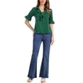 thumbnail image 2 of Blusa de chiffon semitransparente de manga corta con volantes y escote en V de INSPIRE CHIC para mujer, color verde esmeralda, 2 of 6