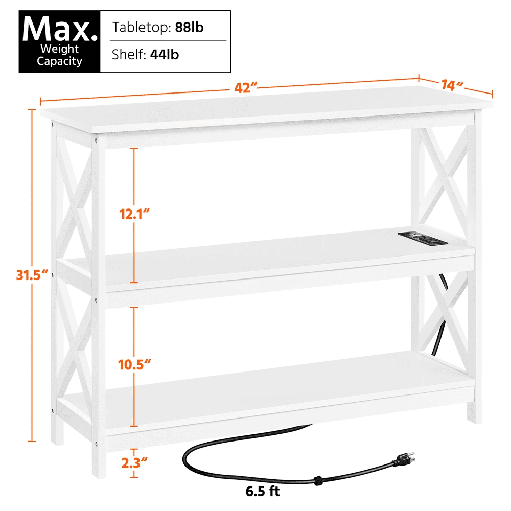 Alden Design 3-Tier Wooden Console Table with Power Outlet for Living Room, White
