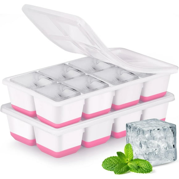 shiyou-Large Ice Cube Trays with Lid, JRISBO 2 Pack Stackable Silicone Ice Cube Molds for Freezer, Easy Release 16 Big Square Ice Trays for Whisky Cocktails (Pink)