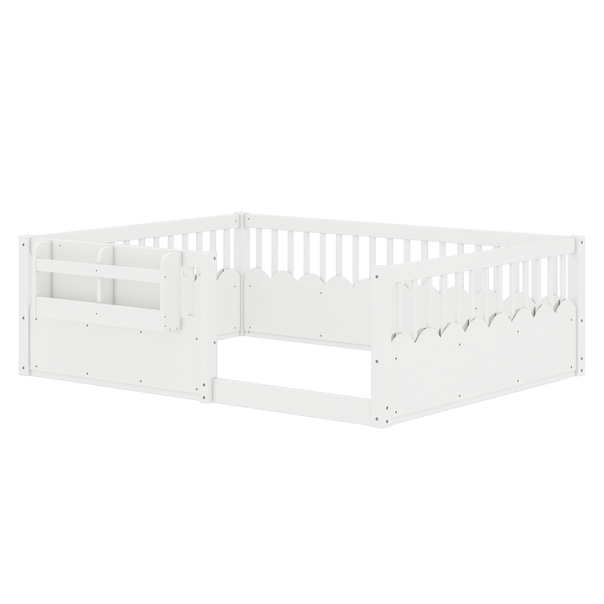 Mintazer Full Montessori Floor Bed with Bookshelf & Heightened Fence, Kids Wood Floor Bed for Boys and Girls, White