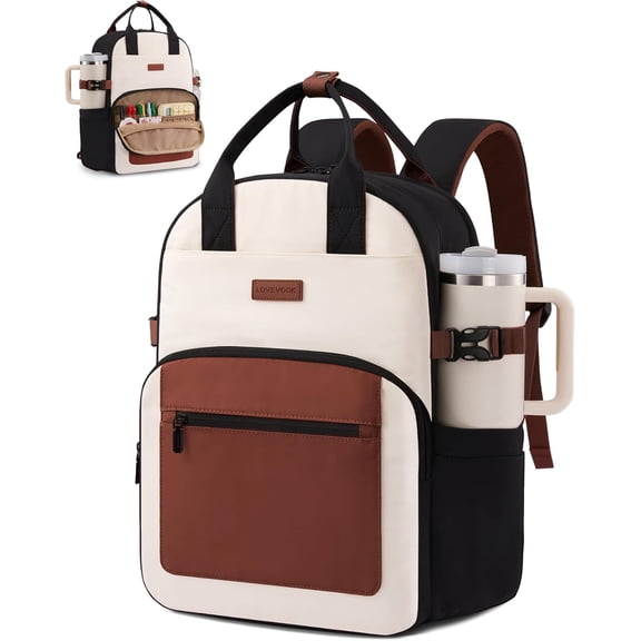 LOVEVOOK Laptop Backpack for Women - Stylish Work Backpack with Large Cup Holder, Waterproof College Teacher Backpack, Beige-Brown, 15.6Inch