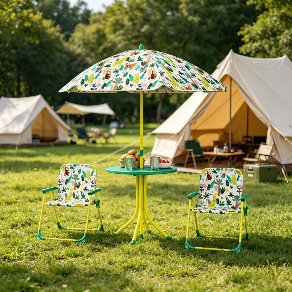 4-Piece Kids Play Set - Foldable Table, Chairs & Umbrella with Monkey/Giraffe Design, Green/Yellow/White, for 2-5 Years Old Toddlers