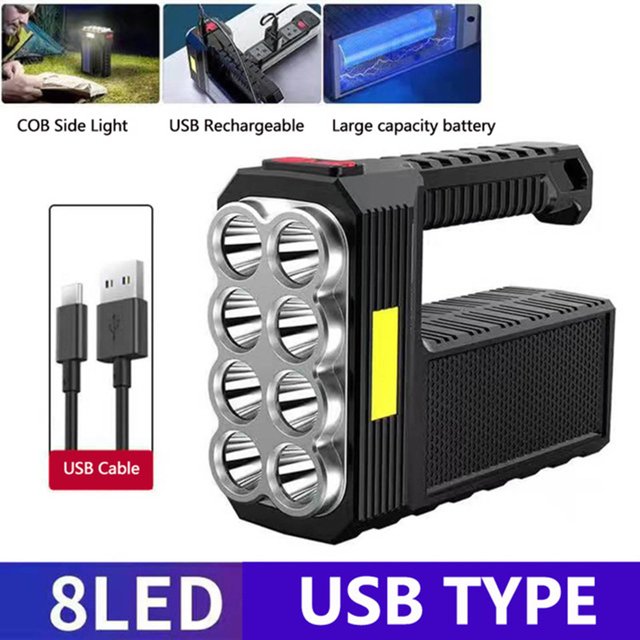 Camping Accessories Rechargeable 8 LED Handheld Solar Flashlight With COB Sidelight High Lumens 3 Modes Searchlight Portable Lightweight Waterproof For Fishing Outdoor Christmas