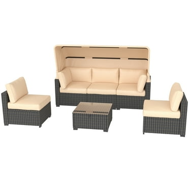 KATIDAP Patio Furniture Sets 6 Pieces,PE Rattan Daybed with Retractable Canopy,Outdoor Sectional Furniture with Adjustable Backrest Patio Sofa with Glass Coffee Table,Beige