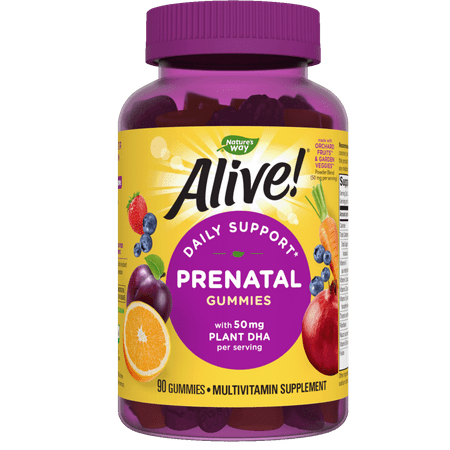 Alive! Prenatal Multivitamin Gummies for Women, 50mg Plant-Based DHA Per Serving, 90 Ct