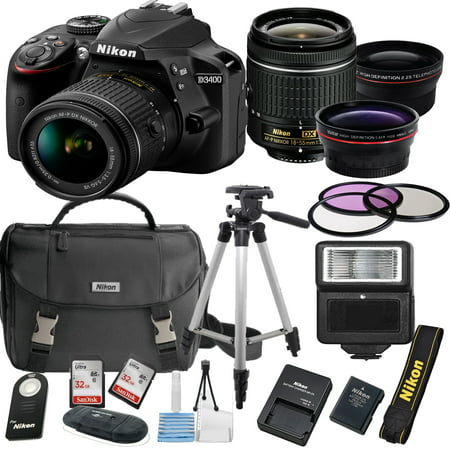 Nikon D3400 24.2 MP DSLR Camera + 18-55mm VR Lens Kit + Accessory Bundle + 2X 32GB Memory + Nikon Camera Bag + Wide Angle Lens + 2x Telephoto Lens + Flash + Remote + Tripod + Filters  +