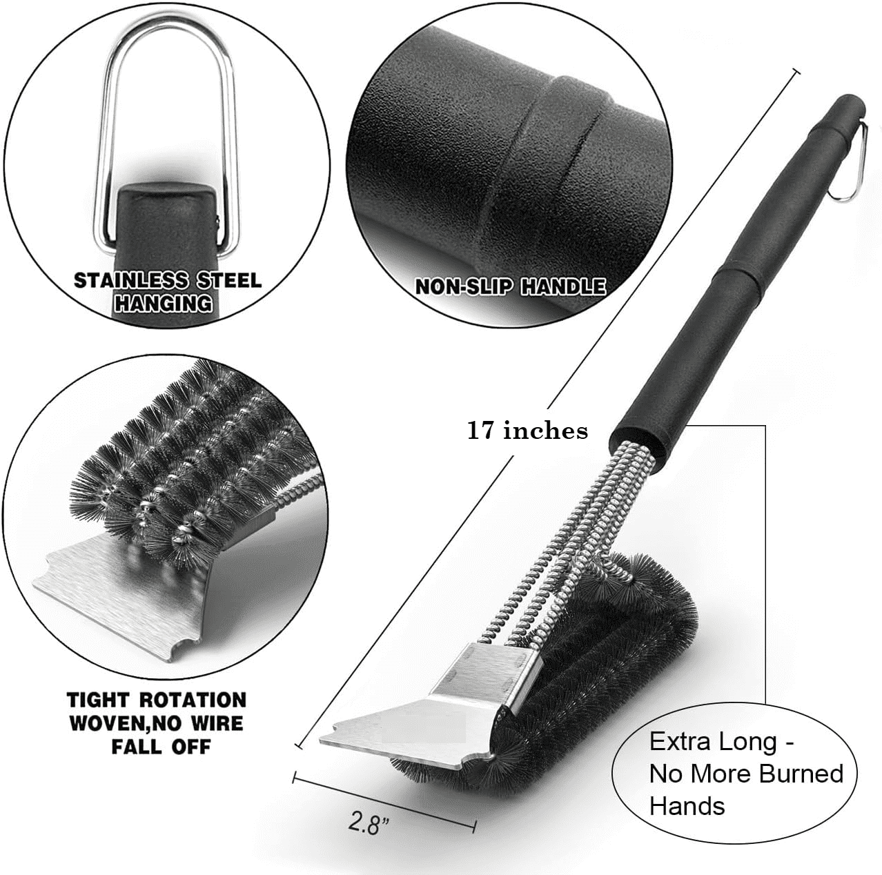 Dofurz Heavy Duty Grill Brush for Outdoor Grills - 3-in-1 Stainless Steel BBQ Brush and Long Grill Scraper