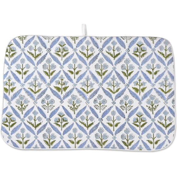 Boho Dish Drying Mat 18x24 Inches For Kitchen Counter Block Print Blue Floral Kitchen Decoration Drying Mat Modern Decorative Flower Drying Pad Mat for Home Kitchen Decor,Dining Room,Office