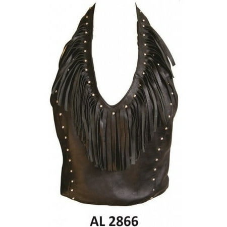 Halter Fashion Ladies Tube Top - Ladies Girl Fashion 2XL Size Motorcycle Black Soft Lambskin Leather Halter Top with Fringes & Studs