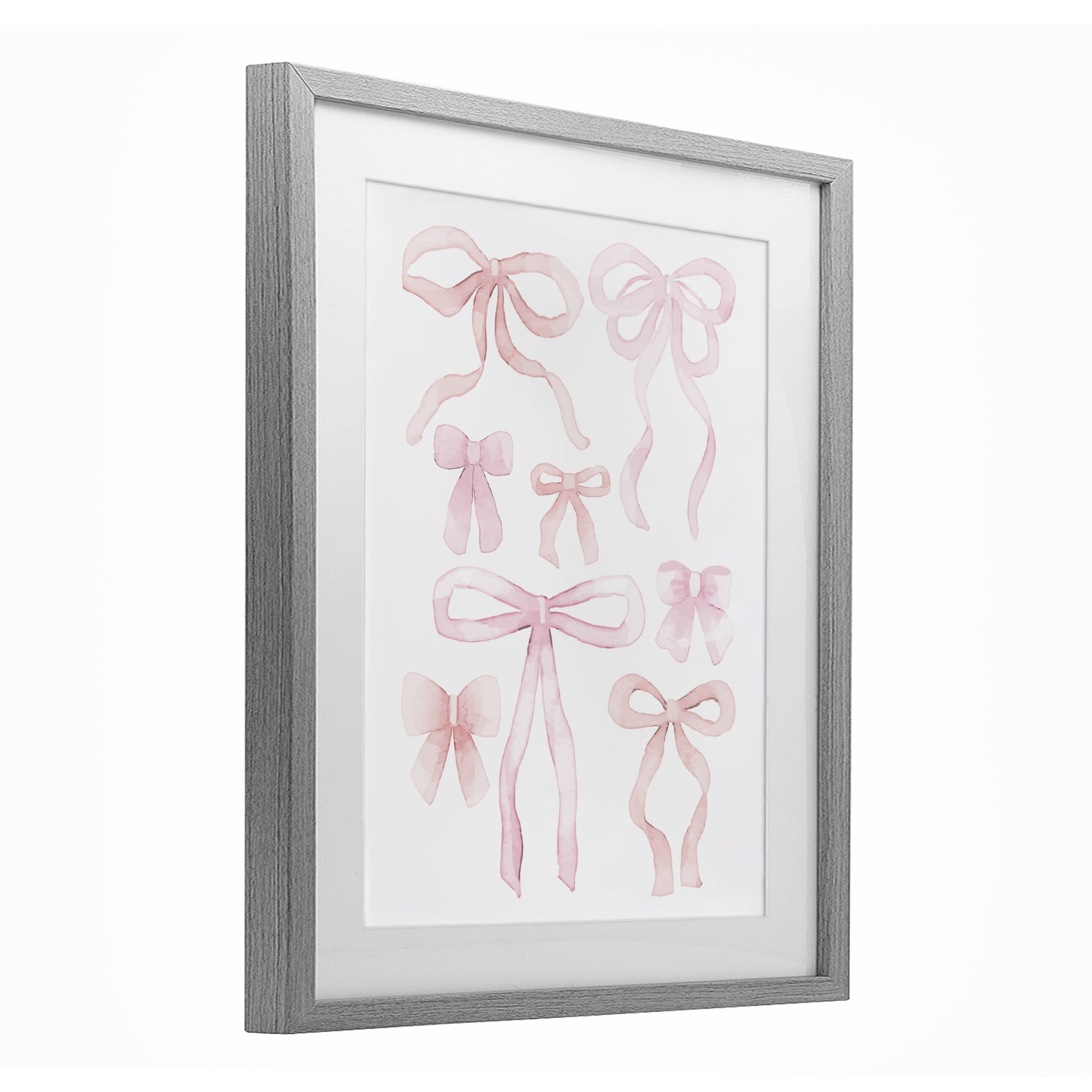 Feminine Chic Bows Gray Framed Print Under Glass, design by Kim Allen