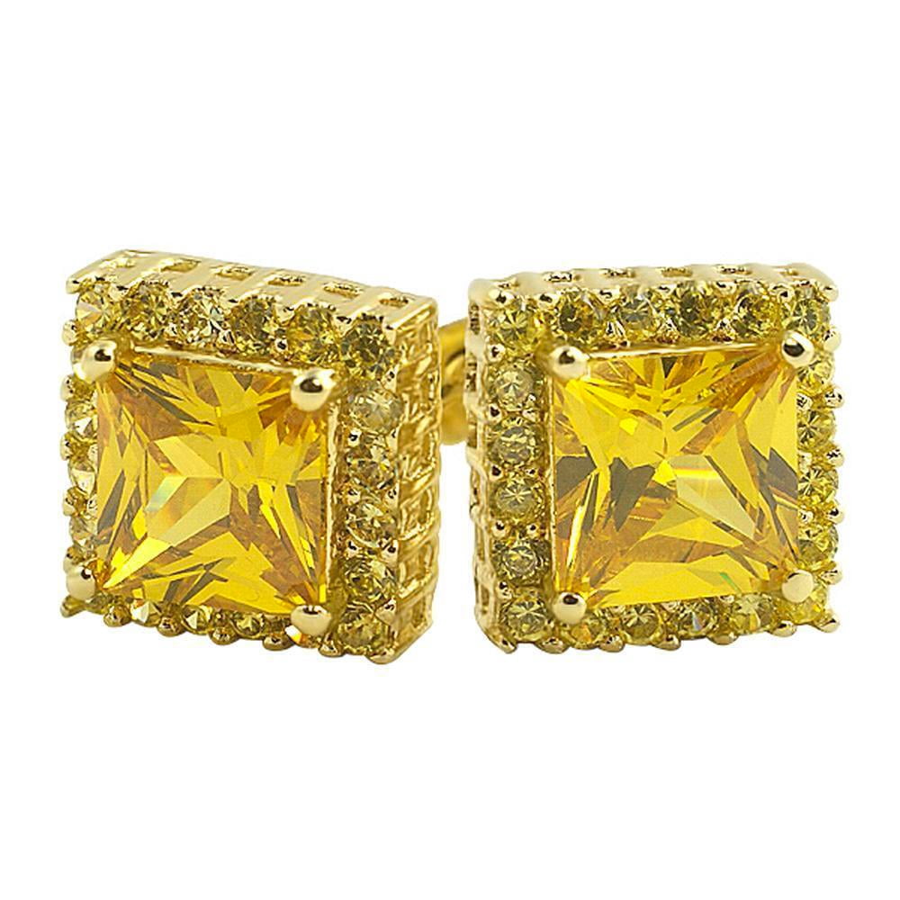 Yellow Gold 925 Sterling Silver Square Canary Yellow Cz Unisex Screw Back Earrings