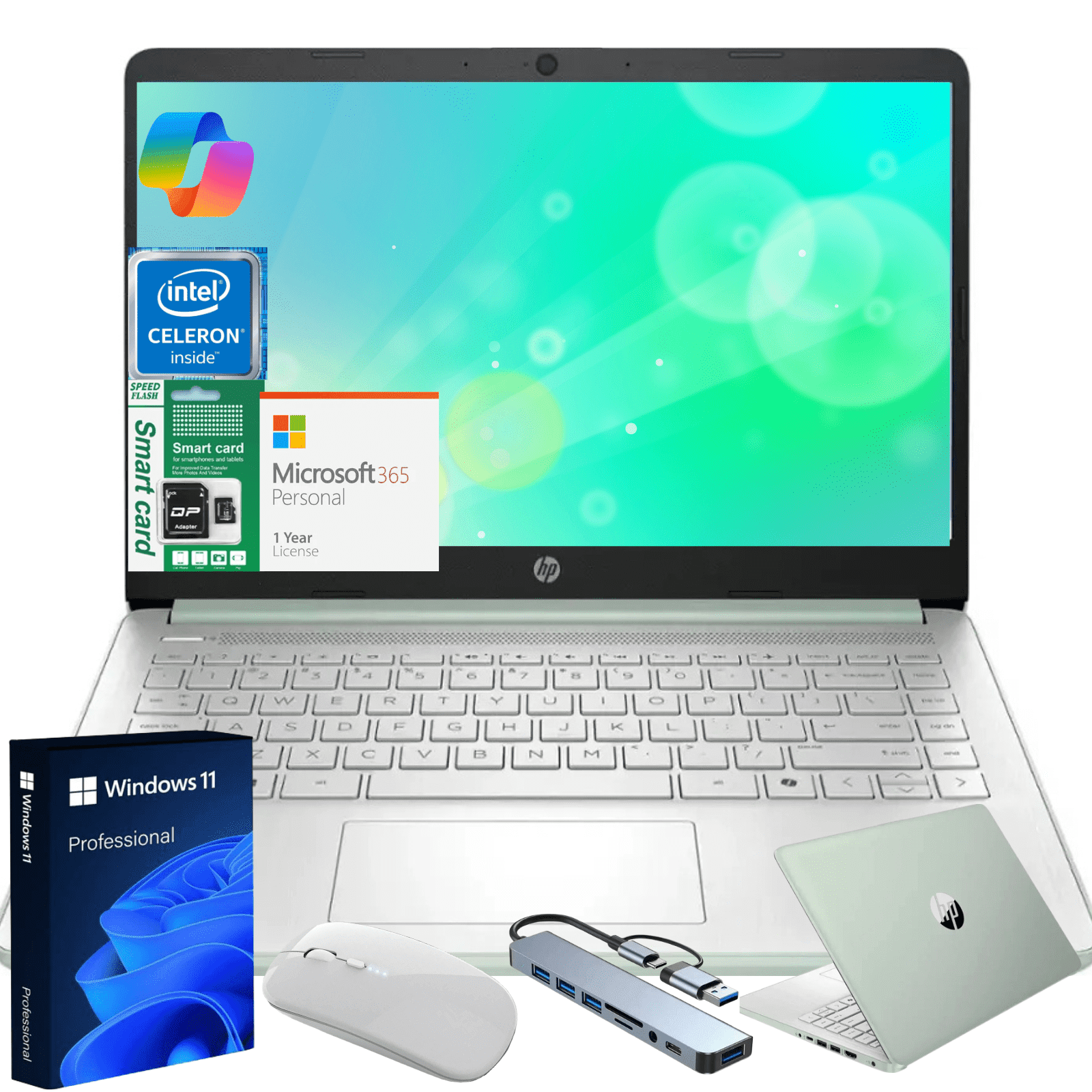 HP 14" Ultra Thin 2026 Laptop with Copilot, Intel Quad-Core N150, 16GB RAM, 384GB(128GB eMMC+256GB SD Card), Windows 11 Pro,1 Year Office 365, Lightweight Green Notebook for Work and School