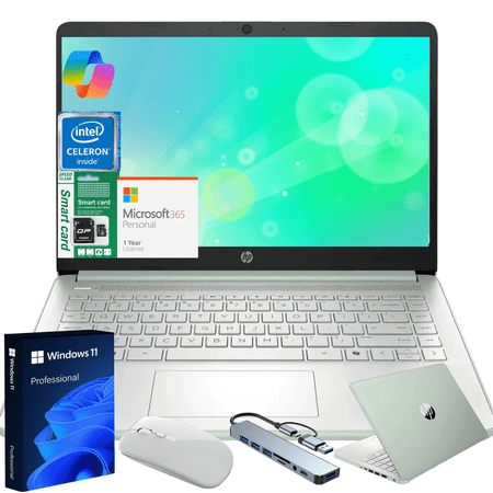 HP 14" Ultra Thin 2026 Laptop with Copilot, Intel Quad-Core N150, 16GB RAM, 384GB(128GB eMMC+256GB SD Card), Windows 11 Pro,1 Year Office 365, Lightweight Green Notebook for Work and School