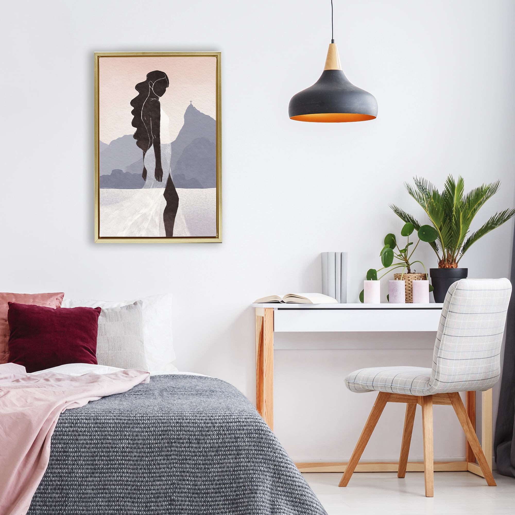 Stupell Industries Garota Silhouette Portrait Gold Framed Floater Canvas Wall Art, design by Yuyu Pont