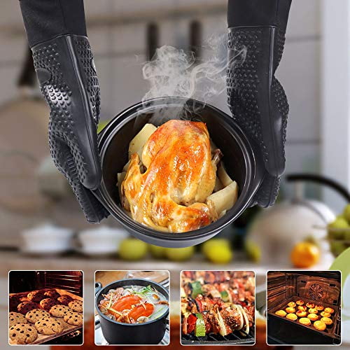 14 inch GEEKHOM Oven Gloves Black Heat Resistant Silicone Oven Mitts Non Slip Waterproof Long Kitchen Gloves for Pizza Oven Potholders Cooking Baking Barbecue Grilling Microwave