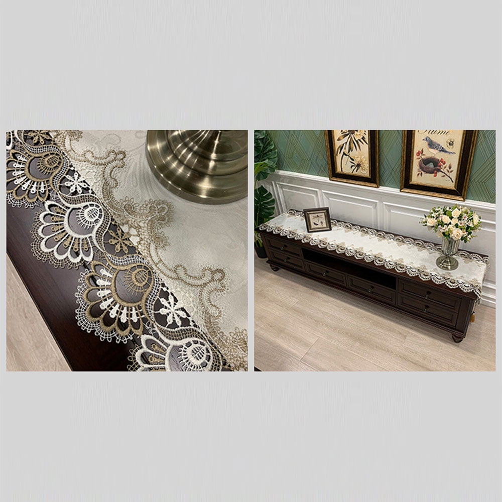16x71 Inch Farmhouse Table Runner - Gray Lace Embroidered Rectangular Cover for Coffee Table, Dining Table, Dresser, Washable Linen-Like Polyester
