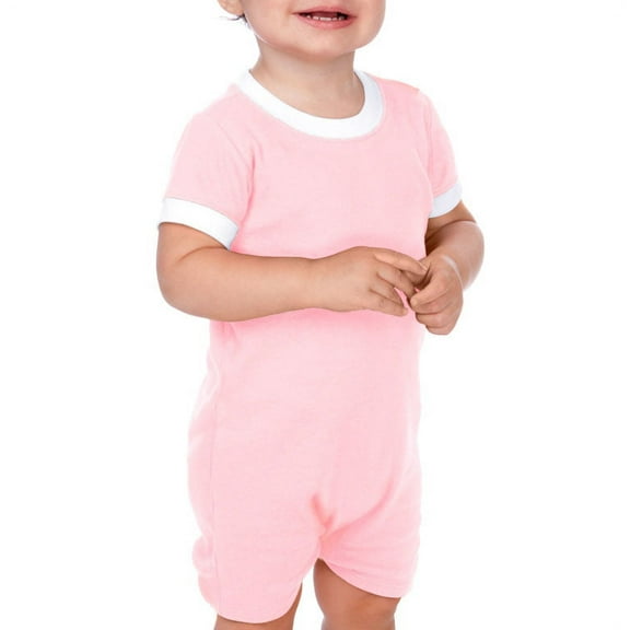 Kavio I1C0189 Infants Scoop Neck Short Sleeve Romper-BabyPink/White-6M