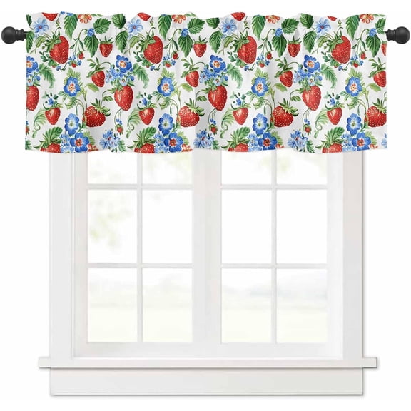 Curtain Valance for Windows Strawberry Blue Floral Leaf Kitchen Curtain Valances Wildflowers Plant Rod Pocket Valances Window Treatments Short Curtains for Kitchen Living Room Bedroom Bathroom 54x18