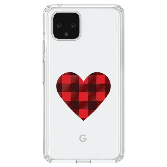 DistinctInk Clear Shockproof Hybrid Case for Google Pixel 4 (6.1" Screen) - TPU Bumper Acrylic Back Tempered Glass Screen Protector - Buffalo Heart - Red Black Plaid