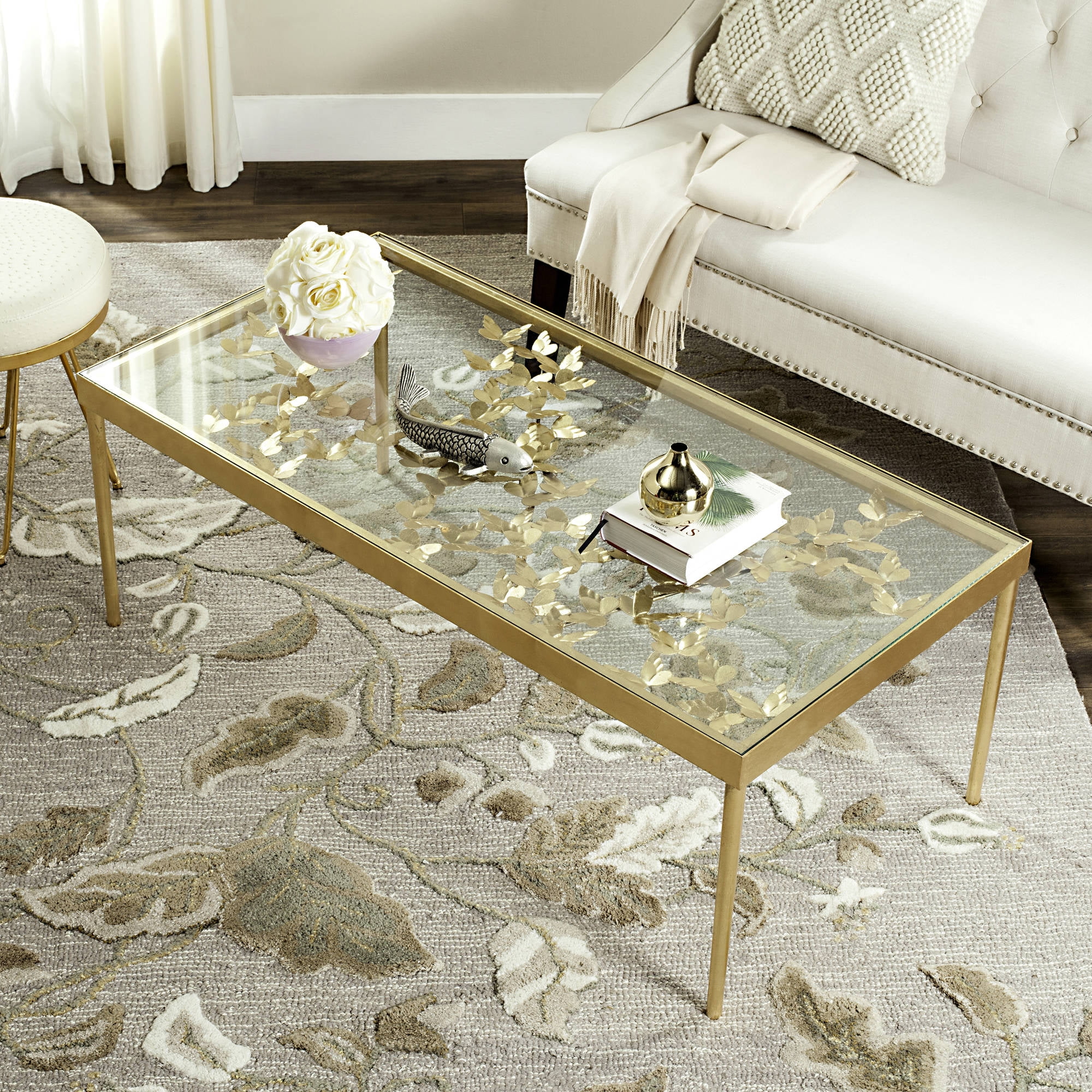 Safavieh Otto 48 Width Ginkgo Leaf Coffee Table Antique Gold Safavieh Otto 48 Width Ginkgo Leaf Coffee Table Antique Gold W Glass Top Com