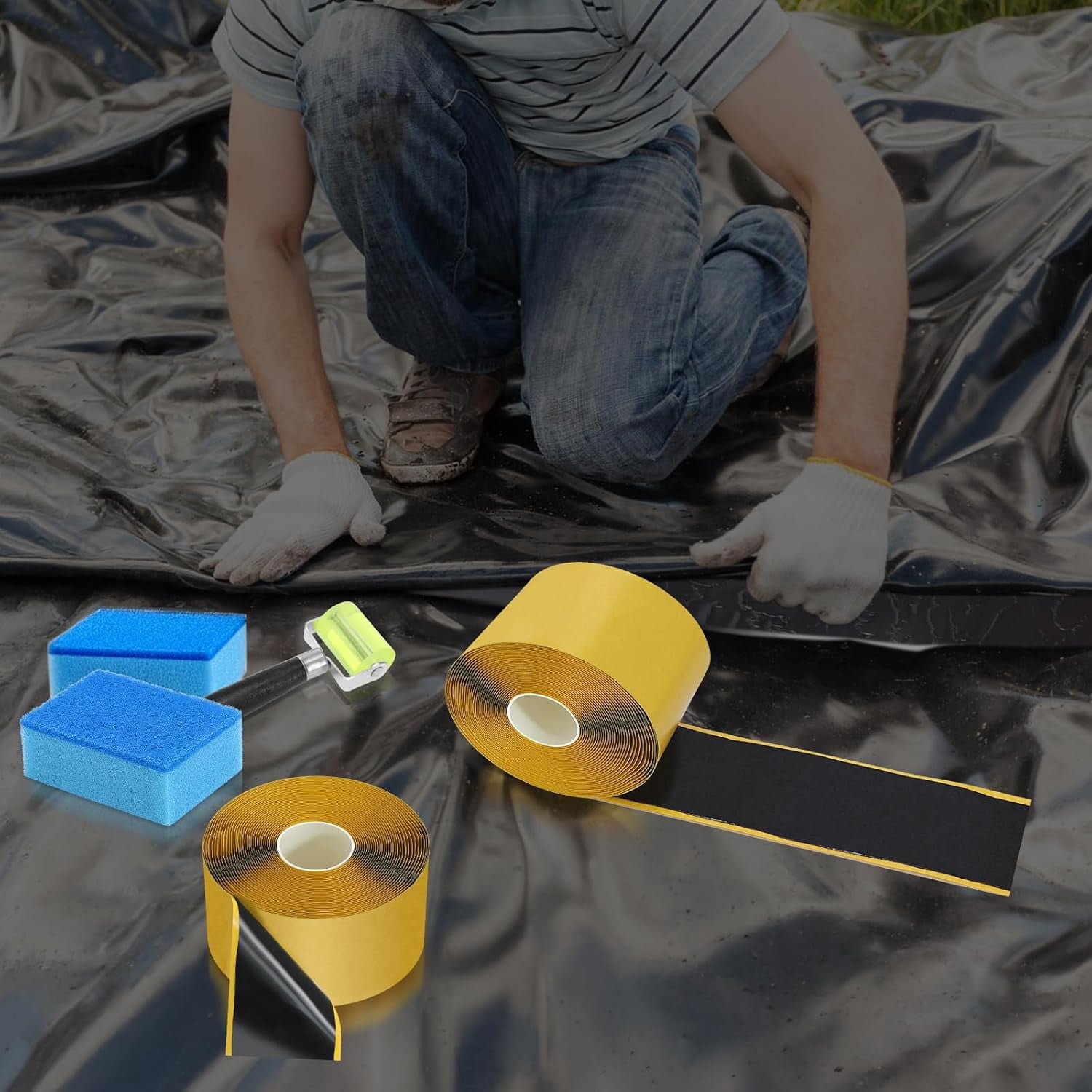 2Pcs Pond Liner Seam Tape, 3" x 30' Double Sided Butyl Rubber Tape Kit, Waterproof Seam Tape & 2 Pcs Sponge & Roller, Self Adhesive Patch Repair Tape for EPDM, HDPE Pond Liners Roof Deck RV