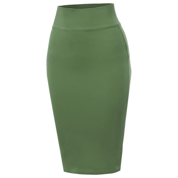 A2Y Women's Basic Solid Ponte Knee Length Slit Techno Span High Waist Pencil Skirt Light Olive 3XL