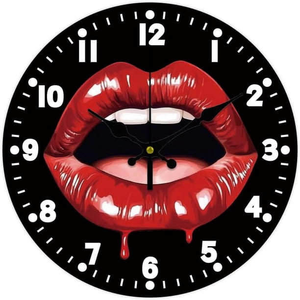 Reloj de pared de labios rojos de 12 pulgadas, silencioso, moderno y decorativo, para cocina, sala de estar, dormitorio y oficina.