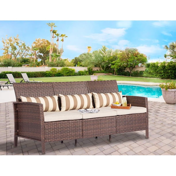 Suncrown Outdoor Furniture Patio Wicker Sofa Seats 3 With Light Brown Cushions Stripe Throw Pillows Walmart Com Walmart Com