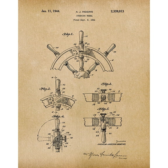 Original Ship Steering Wheel Artwork Submitted In 1944 - Nautical - Patent Art Print