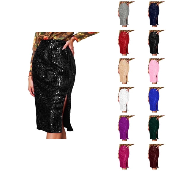 Sparkly Sequin Skirts for Women High Waisted Slit Bodycon Rave Midi Skirts Glitter Party Skirt