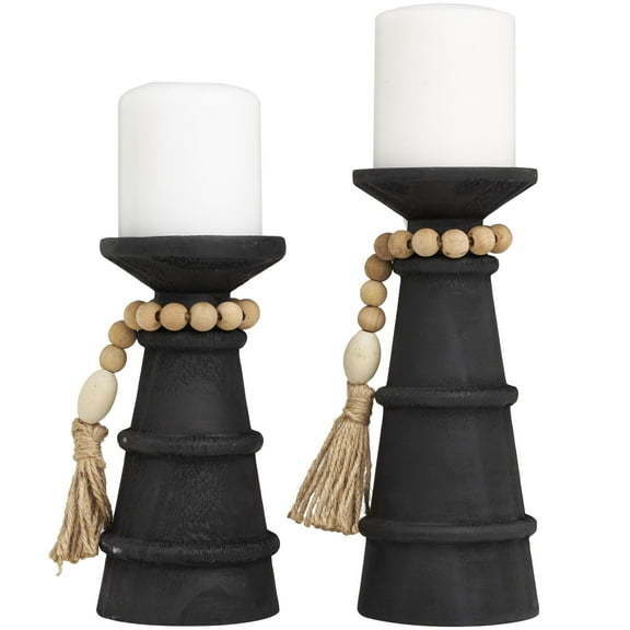 DecMode 2 Candle Black Wood Handmade Textured Matte Candle Holder with Beaded Garland Accent, Set of 2