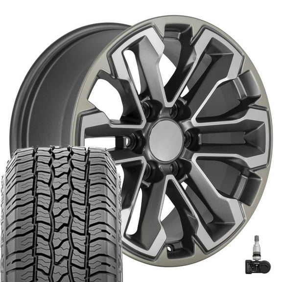 OE Wheels CV69 18 Inch Rims and Tires Fit Silverado 1500 Style  18x8.5 Satin Gunmetal Machined Face - Two Tone - Hollander 5905 - All Country A/T2 275/65-18 (Set of 4)