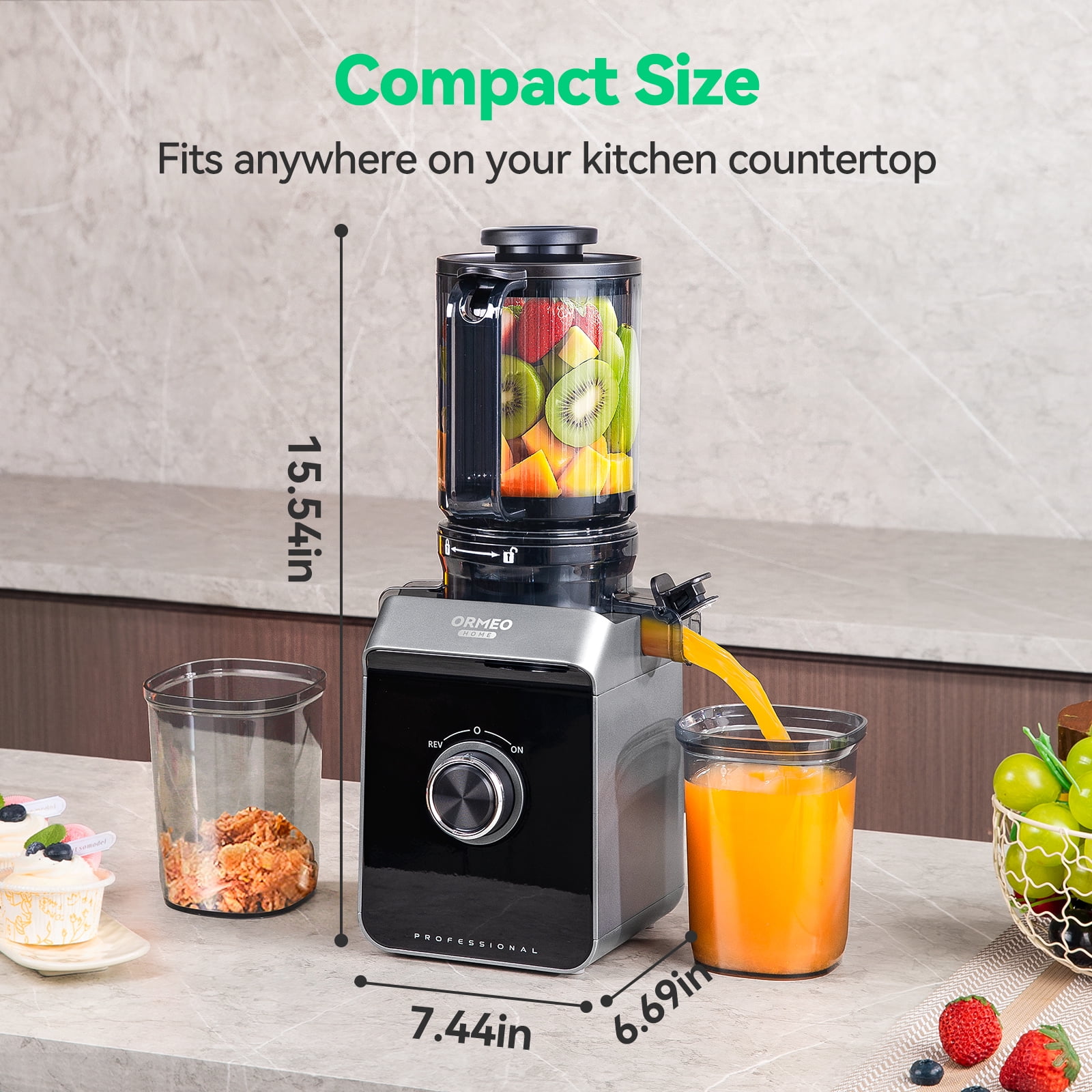 Ormeo Hom Cold Press Slow Juicer with 5.0"Large Feed Chute, Masticating Juicer with Pulp Seperation, 99.6% Juice Purity, Quiet Motor, Easy to Clean, BPA Free