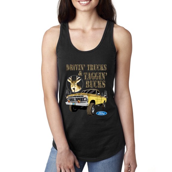Wild Bobby, Driving Trucks and Taggin Bucks Retro Ford F150 Hunting, Cars and Trucks, Women Racerback Tank Top, Black, Small