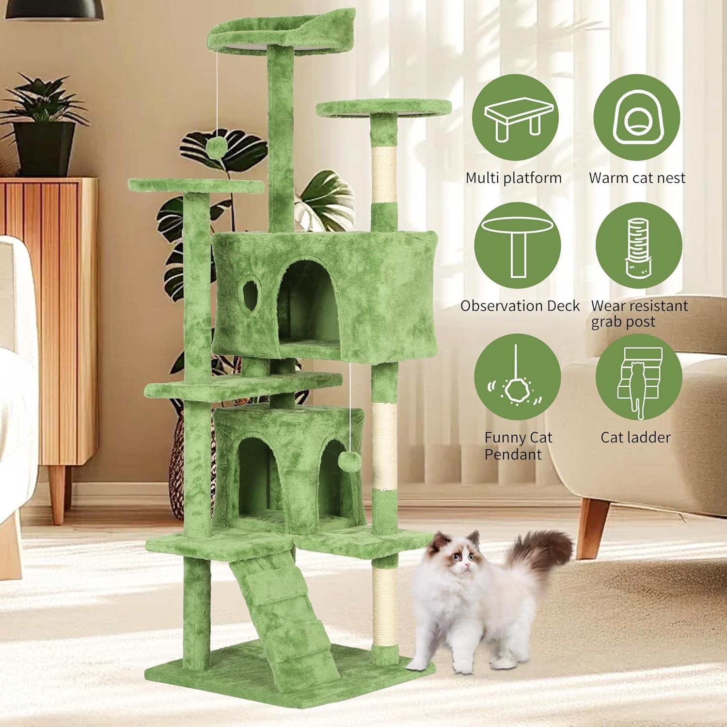 Dkelincs 70in Cat Tree Tower Multi-Level Double Condo Cat Furniture with Scratching Post Tower & 3 Top Perches, Green