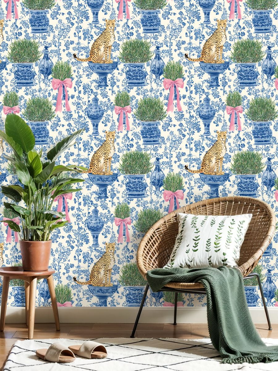 Cheetah Peel and Stick Wallpaper 23.6in x 9.8ft Blue White Floral Cheetah Ribbon Tied Planters Contact Paper Vinyl Waterproof Self Adhesive Wall Paper for Bedroom Shelf Cabinet Renter Friendly
