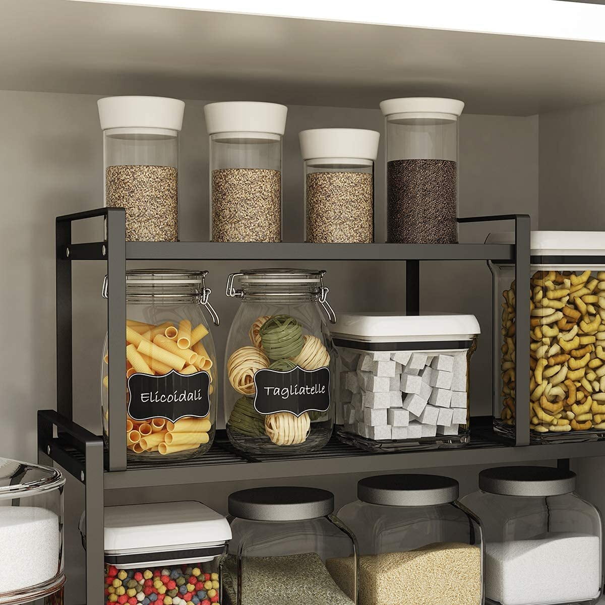SUNFICON 2 Pack Cabinet Shelf Organizer Storage Rack Space Saving for Kitchen Counter Pantry Bathroom Cupboard Under Sink Office Table Desk Steel Stackable Rust Resistant 20”Black w Connected Hooks