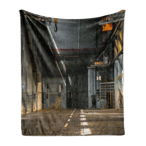 Industrial Soft Flannel Fleece Blanket, Dark Industrial Interior of an Old Building Place of Manufacturing Hangar Print, Cozy Plush for Indoor and Outdoor Use, 60" x 80", Multicolor, by Ambesonne