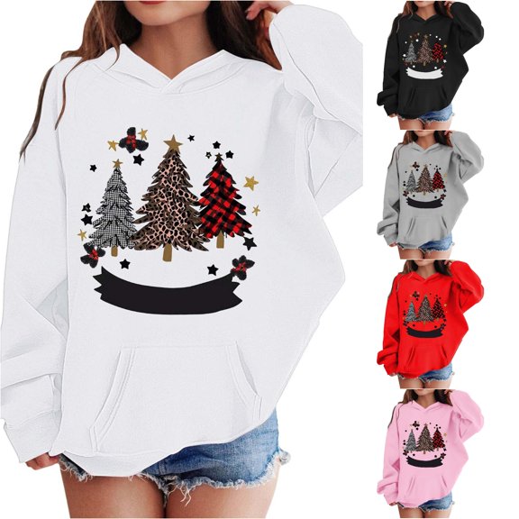 Tanghaowl Kids Sweatshirts Print Girls Hooded Sweatshirt Festive Kids Pullover Cozy Top Soft Casual Winter Wear Outfit Childrens Holiday White 2-3 Years