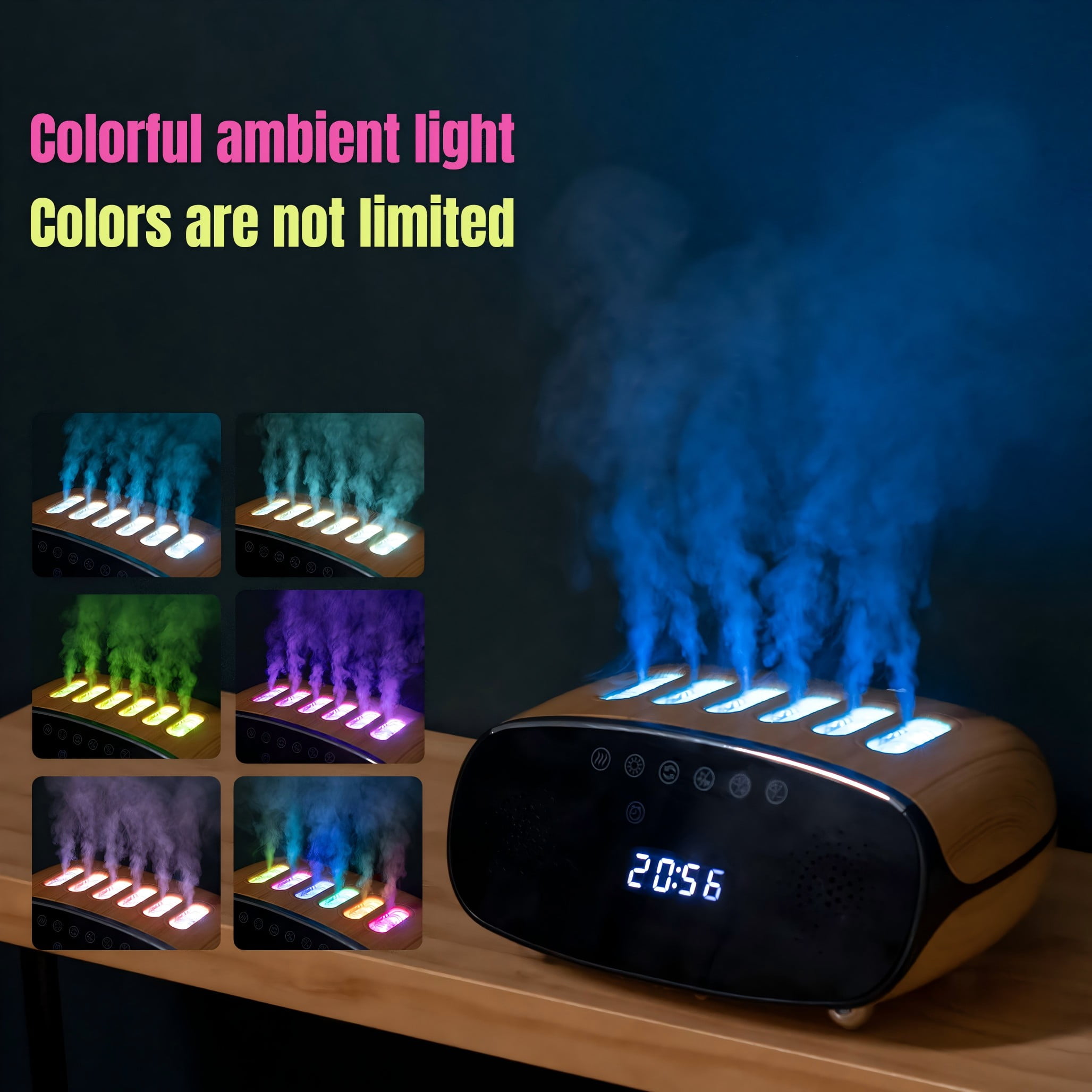 Bluetooth Music Humidifier with Clock, Remote, and Color-Changing Lights – Quiet Ultrasonic Cool Mist Diffuser with 6 Spray Heads for Home, Office, and Bedroom