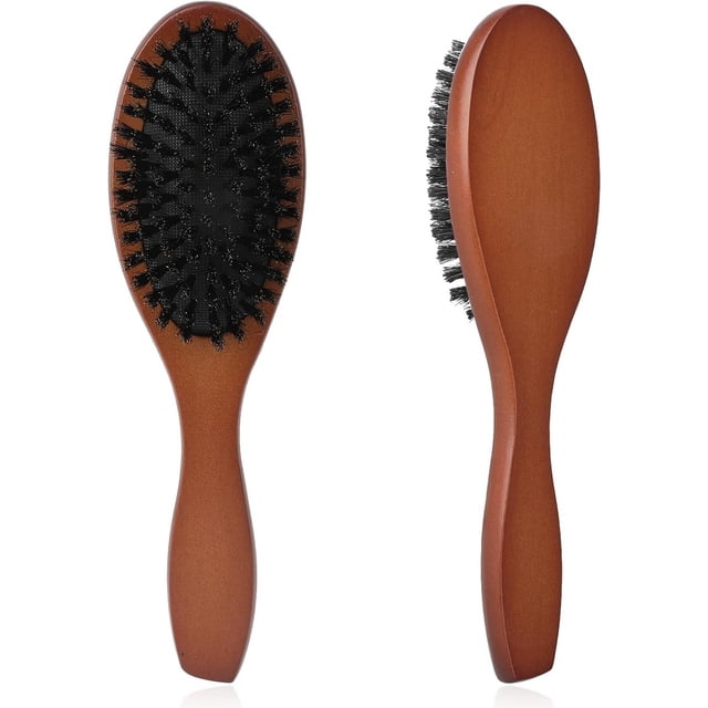 2 piezas de cepillo de cerdas de jabalí, cerdas naturales suaves para pelo fino y fino para mujeres, hombres y niños, cepillo portátil de madera para moños rectos, adecuado para varios estilos