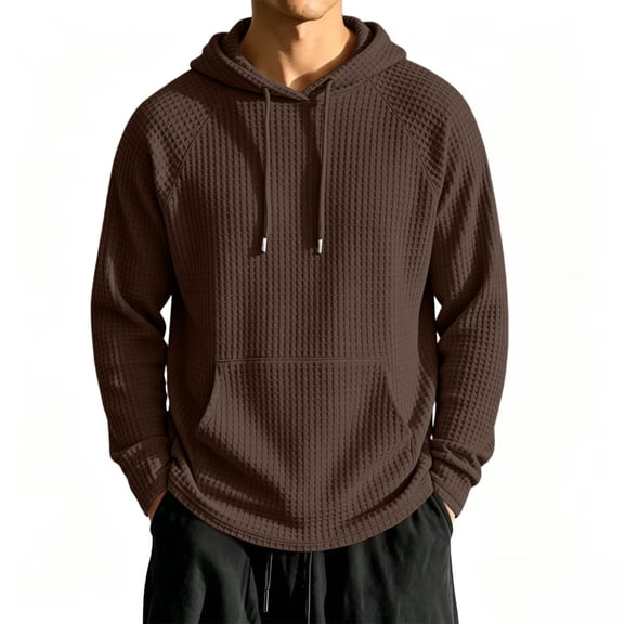 Resicozy Mens Waffle Hoodies Pullover Long Sleeve Casual Fashion Sweatshirts Gym Hooded Shirt with Pocket Brown XL