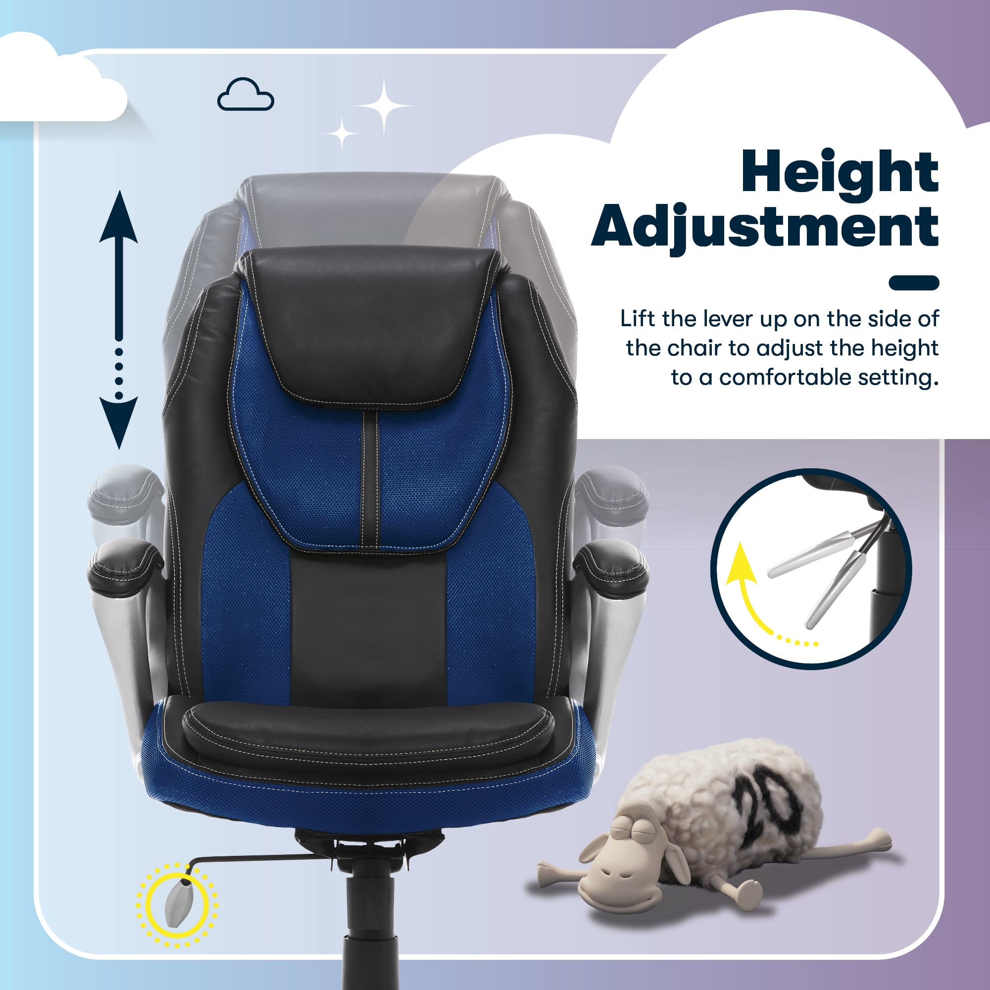 Serta®Amplify Executive Office Chair with Faux Leather and Mesh, Adjustable Ergonomic Comfy Seat with Lumbar Support, Modern Computer Desk Chairs, Swivel Rolling Wheels Blue