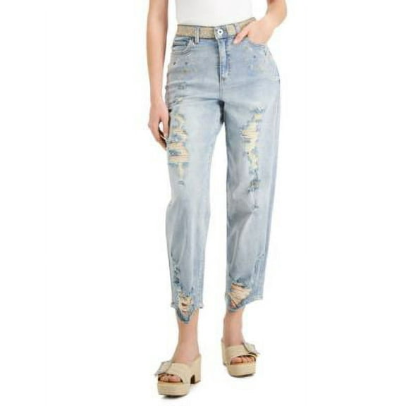 MSRP $110 Inc Embellished Ripped High-Rise Straight-Leg Jeans Blue Size 4