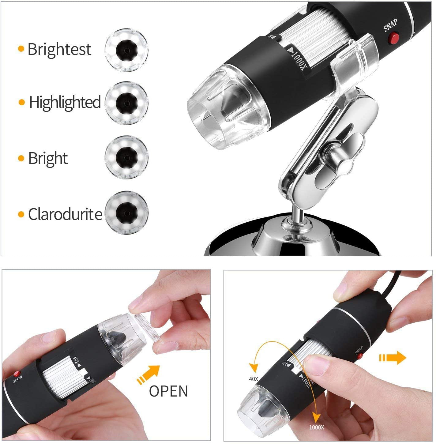 Jiusion WiFi USB Digital Handheld Microscope Compatible with iPhone iPad Mac Window Android Jiusion-WifiMicroscope 40 to 1000x Wireless Magnification Endoscope 8 LED Mini Camera with Phone Suction Metal Stand and Case